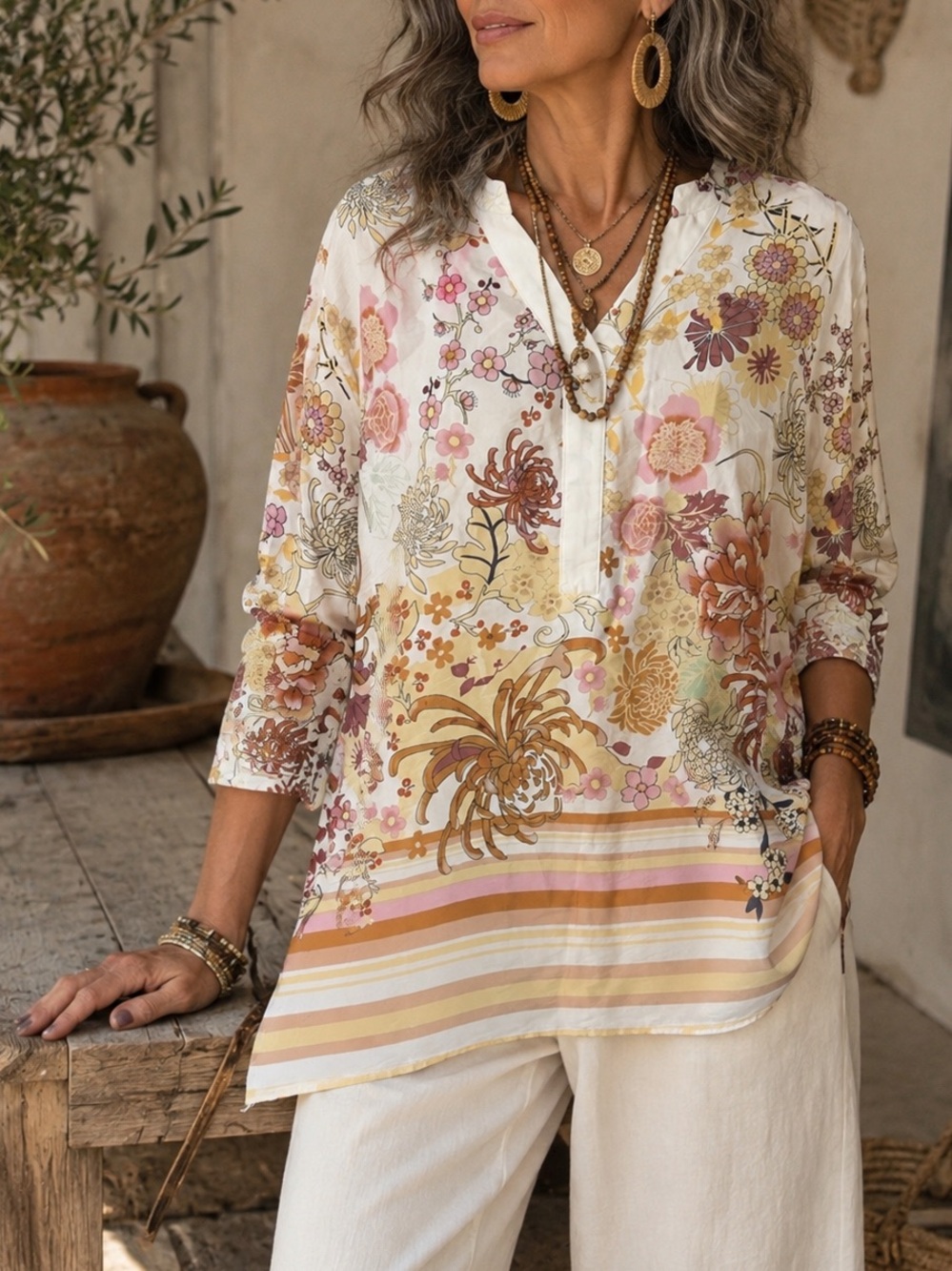 NWT Grenier Floral Boho Blouse Top White Pink Yellow Cream Neutral Size XL